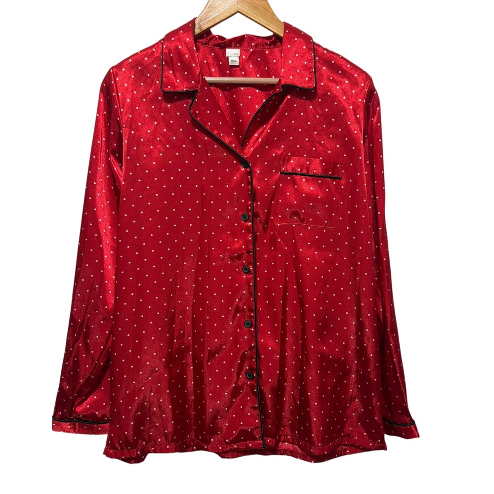 PINK‎ K Victorias Secret Satin Pajama Sleep Shirt Top Red M Polka Dot Loungewear